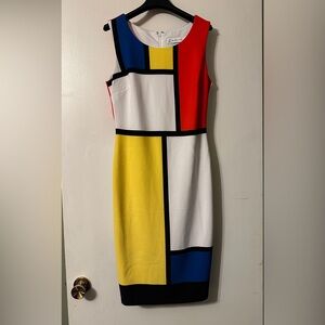 New York & Company Colorblock Midi Sheath Dress in White, Yellow, Red, Blue